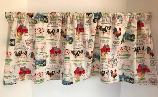 Farmhouse Cotton Valance Cows, Pigs, Chickens, Tractors Print - image 1