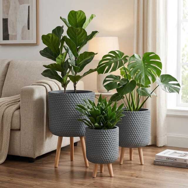 Slate Grey Honeycomb Concrete Planter With Wood Legs Modern Indoor Tripod Pot For Real Or Faux Plants Nordic Style Stone Cylinder - image 1