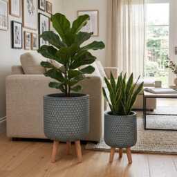 Slate Grey Honeycomb Concrete Planter With Wood Legs Modern Indoor Tripod Pot For Real Or Faux Plants Nordic Style Stone Cylinder - thumbnail 3