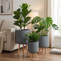 Slate Grey Honeycomb Concrete Planter With Wood Legs Modern Indoor Tripod Pot For Real Or Faux Plants Nordic Style Stone Cylinder - thumbnail 1
