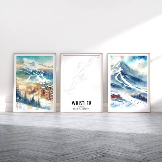 Whistler Ski Print Set - Watercolour Alpine Map Poster - Travel Wall Artwork Skiing Gifts British Columbia Resort Snowboarding Art - image 1