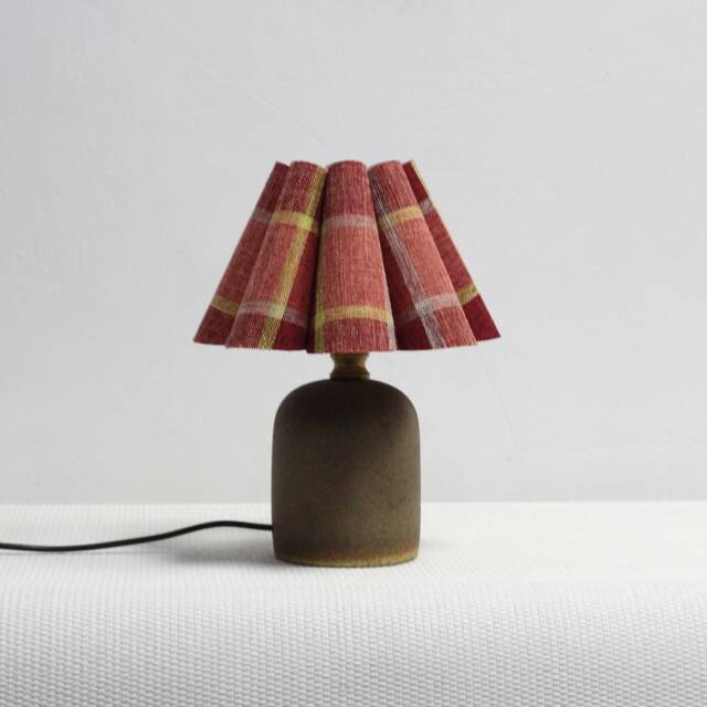 Handmade Red Plaid Fabric Lamp With Brown Ceramic Base For Home Decor-106# - image 1
