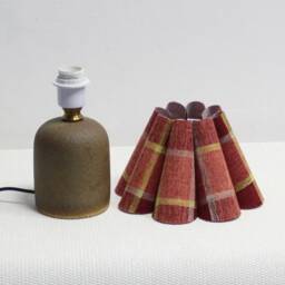 Handmade Red Plaid Fabric Lamp With Brown Ceramic Base For Home Decor-106# - thumbnail 3