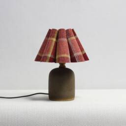 Handmade Red Plaid Fabric Lamp With Brown Ceramic Base For Home Decor-106#