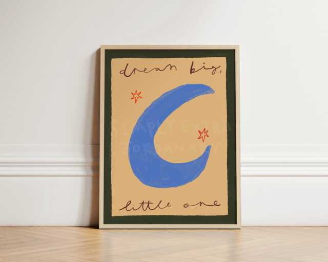 Dream Big Little One Print, Toddler Room Moon Illustration Wall Art, Celestial Nursery Eclectic Nursery, Hand Drawn, Unframed - image 1