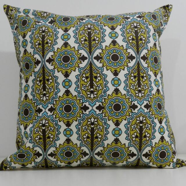 New 18x18 Inch Designer Handmade Pillow Case in Chartreuse, Turquoise & Brown Geometric Pattern