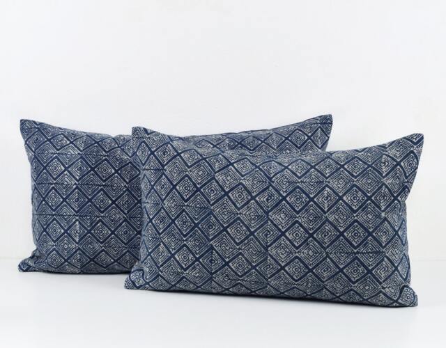 Hmong Indigo Batik Lumbar Pillow Cover, Handspun Cotton Pair - 12x20 - image 1