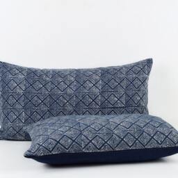 Hmong Indigo Batik Lumbar Pillow Cover, Handspun Cotton Pair - 12x20 - thumbnail 2