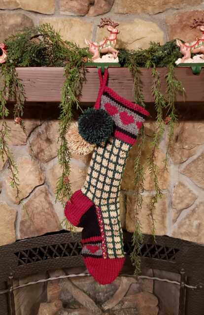 Hand Knit Christmas Stocking Red Green Buff Beige Fleck Window Pane Plaid Heart Detail By Santa's Works - image 1