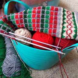 Hand Knit Christmas Stocking Red Green Buff Beige Fleck Window Pane Plaid Heart Detail By Santa's Works - thumbnail 4