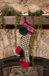 Hand Knit Christmas Stocking Red Green Buff Beige Fleck Window Pane Plaid Heart Detail By Santa's Works - thumbnail 1
