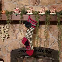 Hand Knit Christmas Stocking Red Green Buff Beige Fleck Window Pane Plaid Heart Detail By Santa's Works - thumbnail 2