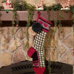 Hand Knit Christmas Stocking Red Green Buff Beige Fleck Window Pane Plaid Heart Detail By Santa's Works - thumbnail 3