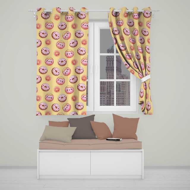 Cute Kawaii Donuts Yellow Background Sweet Dessert Seamless Pattern Readymade Eyelet Ring Top Thermal 100% Blackout Curtains - image 1