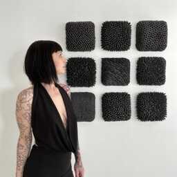 Black Porcelain Wall Art Trio Made To Order - Textured Ceramic Tiles - thumbnail 4
