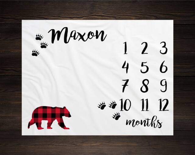 Bear Baby Milestone Blanket, Monthly Growth Tracker, Personalized Custom Shower Gift, New Boy - image 1