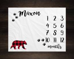 Bear Baby Milestone Blanket, Monthly Growth Tracker, Personalized Custom Shower Gift, New Boy - thumbnail 1