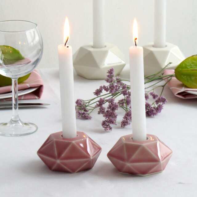 Geometric Candlesticks, Modern Bat-Mitzvah, Pink Ceramic Candle Holders, Pair Of Shabbat Made in Israel - image 1