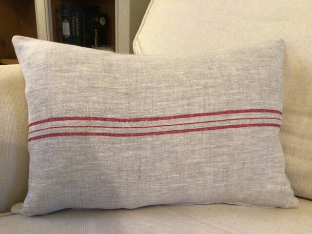 Cushion Covers in Peony & Sage Swiss Stripe Grainsack - image 1
