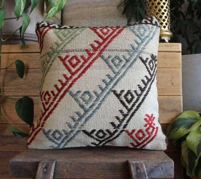 40cm - 16Inch Vintage Boho Kilim Cushion Cover Handwoven - Brocaded Motifs On Undyed Natural Wool - image 1