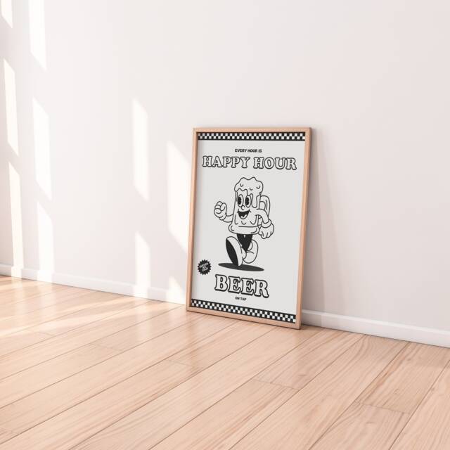 Retro Beer Print - Happy Hour, Kitchen Prints, Vintage Print, Dining Room Lover, Bold Wall Art, Poster, Style - image 1