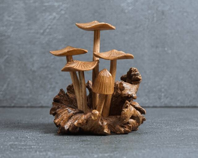 Handmade Wood Mushroom Figurine Rustic Floral Carved Statue 4 - image 1