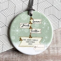 Personalised Christmas Family Names Signpost Design Nordic Style Ceramic Or Acrylic Round Ornament Keepsake - thumbnail 1