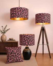 New Luxury Premium Quality Animal Leopard Print With Candy Pink & Golden Colours Velvet Lamp Shade Suitable For All Fittings - thumbnail 1