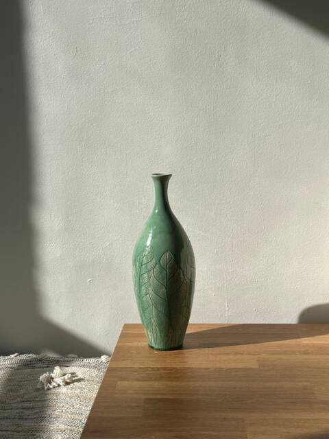 Home Decor Pottery Vase/ Tall Ceramic Hand Carved Leaf Green Celadon Stoneware Vase - image 1