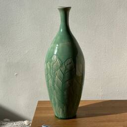 Home Decor Pottery Vase/ Tall Ceramic Hand Carved Leaf Green Celadon Stoneware Vase - thumbnail 2