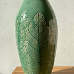Home Decor Pottery Vase/ Tall Ceramic Hand Carved Leaf Green Celadon Stoneware Vase - thumbnail 3