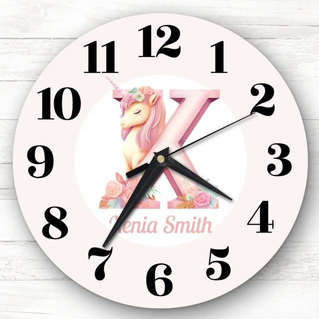 Pink Unicorn Alphabet Letter X Girls Room Custom Gift Personalised Clock - image 1