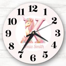 Pink Unicorn Alphabet Letter X Girls Room Custom Gift Personalised Clock - thumbnail 1