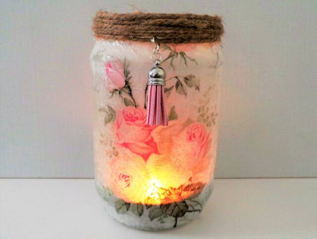 Pink Roses Candle Holder, Shabby Chic Floral Decoupage Nightlight - image 1