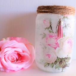 Pink Roses Candle Holder, Shabby Chic Floral Decoupage Nightlight - thumbnail 2