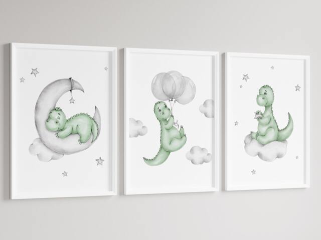 Boys Dinosaur Cloud Moon Stars A4 Or A3 Bedroom Nursery Set Of 3 Unframed Prints Green Grey Dino - image 1