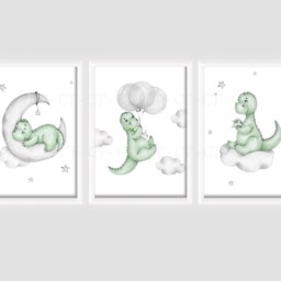 Boys Dinosaur Cloud Moon Stars A4 Or A3 Bedroom Nursery Set Of 3 Unframed Prints Green Grey Dino - thumbnail 2