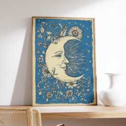 Moon Wall Art Print - Vintage Celestial Illustration Night Sky Botanical Poster - thumbnail 2
