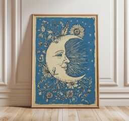 Moon Wall Art Print - Vintage Celestial Illustration Night Sky Botanical Poster - thumbnail 1