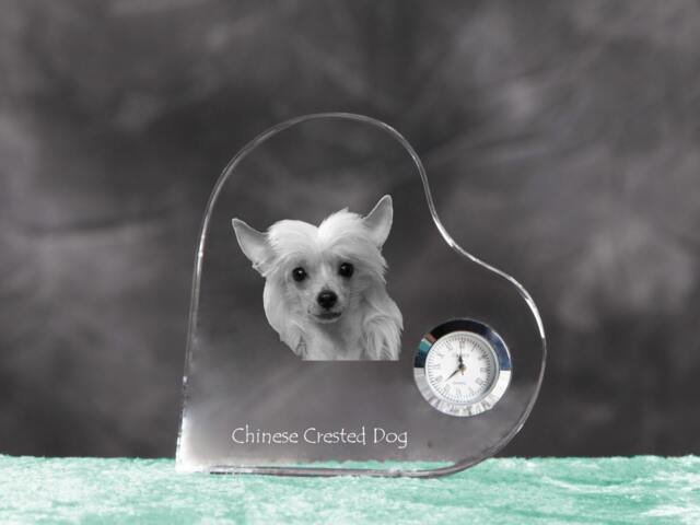 Chinese Crested Dog - Crystal Clock in The Shape Of A Heart With Image Pure-Bred Dog - image 1