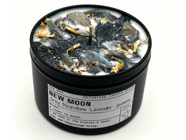 New Moon Candle With Gray Moonstone - Intention Ritual For Beginnings, Manifestation & Grounding Vegan Soy Crystal Gift - image 1