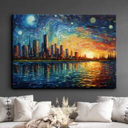 City Sunset Painting Van Gogh Wall Art, Framed Canvas Skyscraper Rainbow Colourful Poster Print, Home Kitchen Office Room Decor Gifts - thumbnail 1