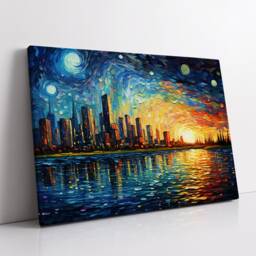 City Sunset Painting Van Gogh Wall Art, Framed Canvas Skyscraper Rainbow Colourful Poster Print, Home Kitchen Office Room Decor Gifts - thumbnail 2