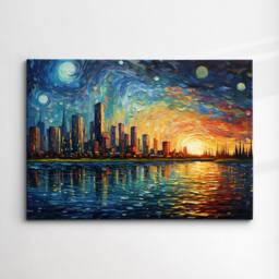 City Sunset Painting Van Gogh Wall Art, Framed Canvas Skyscraper Rainbow Colourful Poster Print, Home Kitchen Office Room Decor Gifts - thumbnail 3