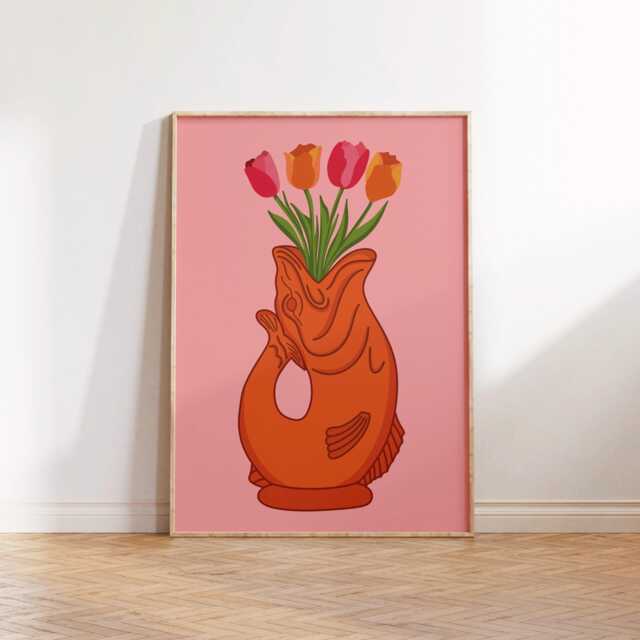 Fish Vase Print Poster, Living Room Wall Print, Bedroom Decor, Typography Art Dopamine Kitchen Portrait, Jug - image 1