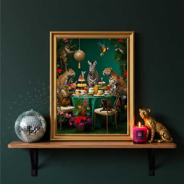 Jungle Animal Tea Party Wall Art - Maximalist Exotic Print Leopard & Zebra Artwork Bold Tropical Home Decor - image 1