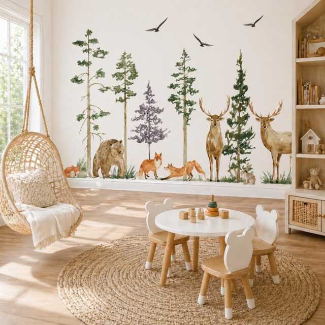 Woodland Animal Wall Decals Nursery, Forest Decal Set, Bear Deer Fox Tree Stickers, Peel & Stick Kids Room Decor - image 1