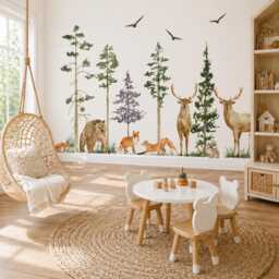 Woodland Animal Wall Decals Nursery, Forest Decal Set, Bear Deer Fox Tree Stickers, Peel & Stick Kids Room Decor - thumbnail 1