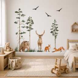 Woodland Animal Wall Decals Nursery, Forest Decal Set, Bear Deer Fox Tree Stickers, Peel & Stick Kids Room Decor - thumbnail 3