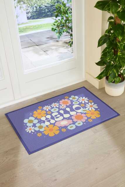 Elizabeth Olwen Hello Floral Indoor Outdoor Doormat - Botanical Entrance Rug Retro Flower Decor Housewarming Gift 90x60cm - image 1